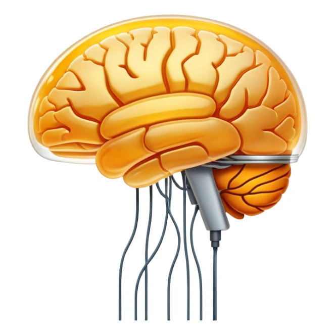 An amber translucent capsule floating in front of an ethereal brain. Thin electric filaments connect from the capsule to the brain synapses like bridges of light. sticker