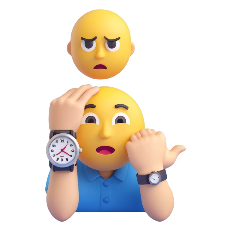 A yellow emoji face with a worried expression, looking at a wristwatch with raised eyebrows, showing urgency and stress sticker