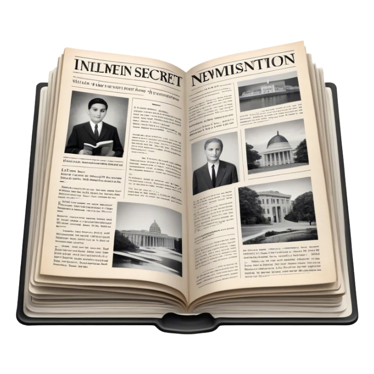 Icon for Non-Fiction & Narrative Reading: an open book with black-and-white photos on the pages, surrounded by a pile of newspaper clippings, and an open folder with top-secret documents. The icon should reflect the blend of real stories and facts in non-fiction literature. Transparent background. sticker