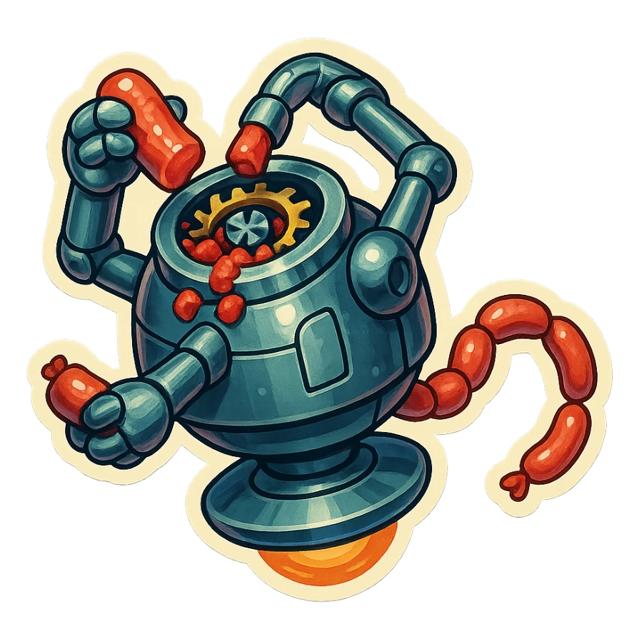 hovering robot. stuffs material into large hole on its top with 2 arms. no neck or head. large hole is where neck and head would be. spinning gears and blades in hole grind red chunks. sausage links come our of hole on backside.  3/4 view. between realism and cartoon. well lit. no dramatic lighting. metallic shiny robot. works diligently. dark humor sticker