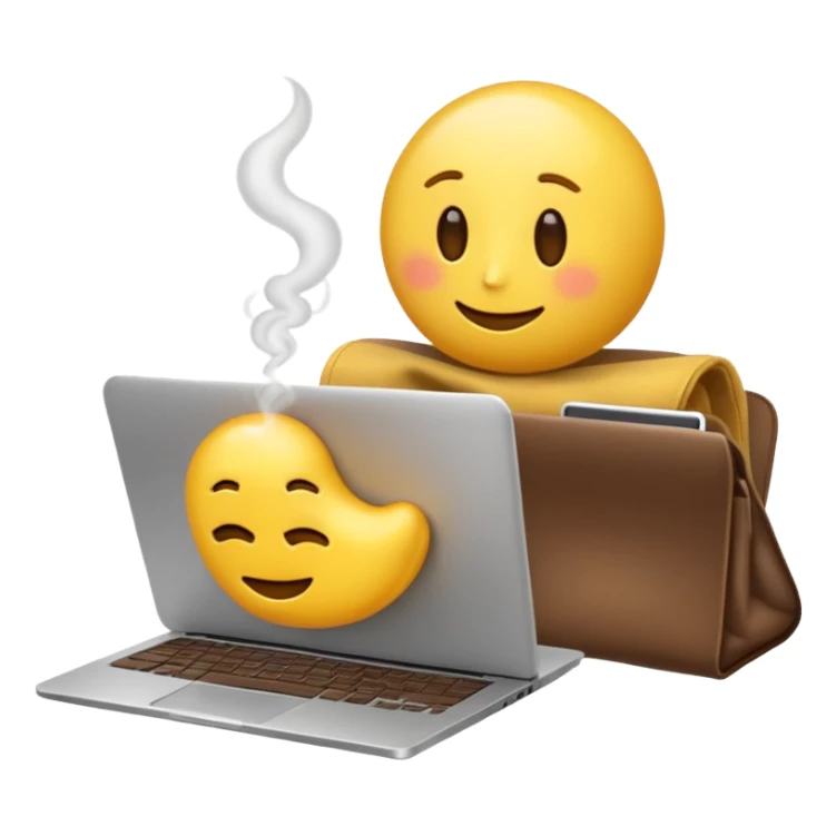 slouching emoji resting next to a steaming coffee and a laptop, conveying a lazy work vibe sticker