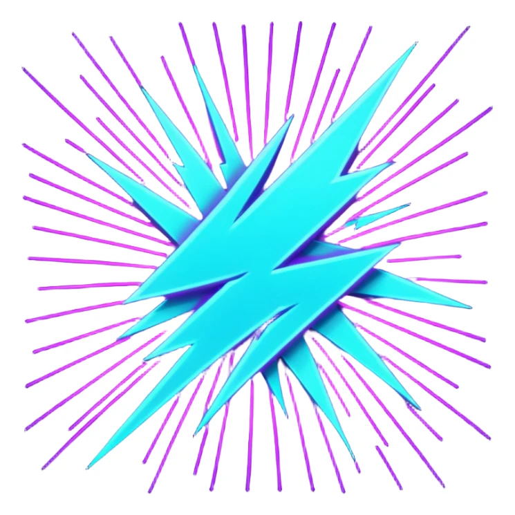 Minimalist emoji, a stylized lightning bolt cutting through a neon laser grid, 80s/90s retro-futurism style, bright purple and cyan, white background. sticker
