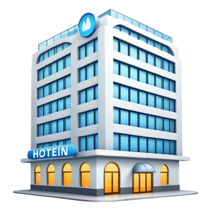 multi-story hotel building with many windows and glowing entrance sign sticker