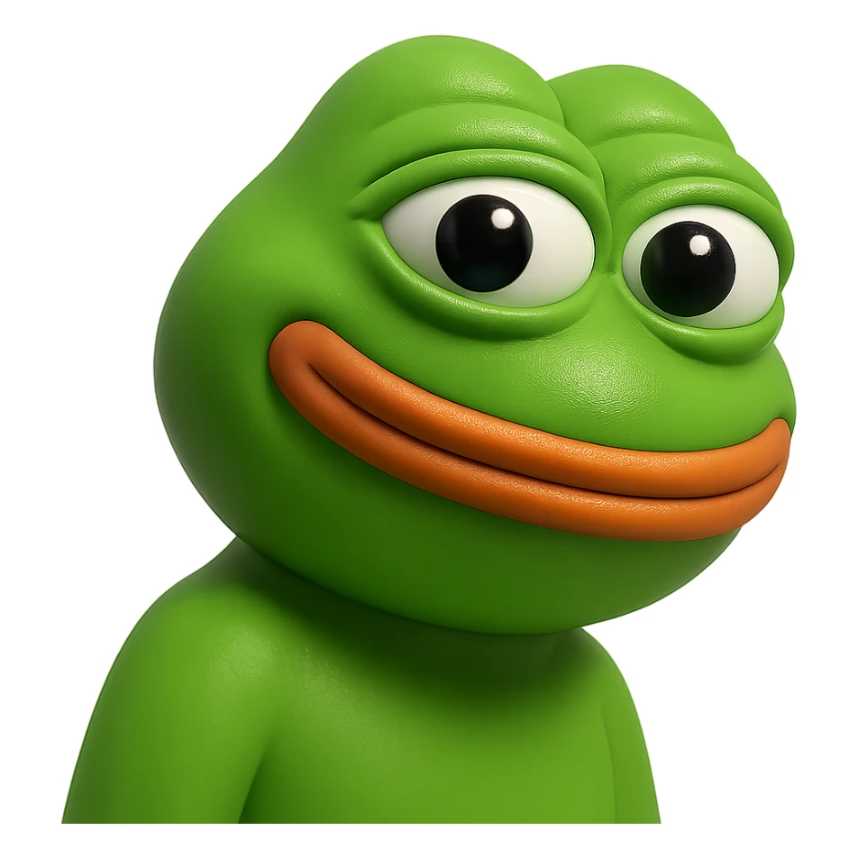 pepe in
- 3d style
- bright green
- smiling
- looking straight at the camera
- good highlights and shadows
- 30deg angled towards the right sticker