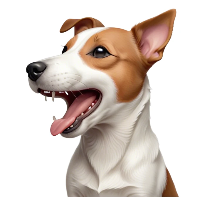 Cinematic Cute Yawning Jack Russell Terrier Portrait Emoji, Head tilted slightly with a dramatic, wide-open yawn, showcasing a compact, energetic form with floppy ears and sleepy, half-closed eyes, a slightly open mouth revealing gentle canine charm, Simplified yet irresistibly adorable features, highly detailed, glowing with a soft, cozy glow, high shine, relaxed yet expressive, stylized with a dash of whimsical canine ease, soft glowing outline, capturing the essence of a drowsy yet affectionate Jack Russell Terrier that appears ready to stretch out and yawn its way out of the screen! sticker