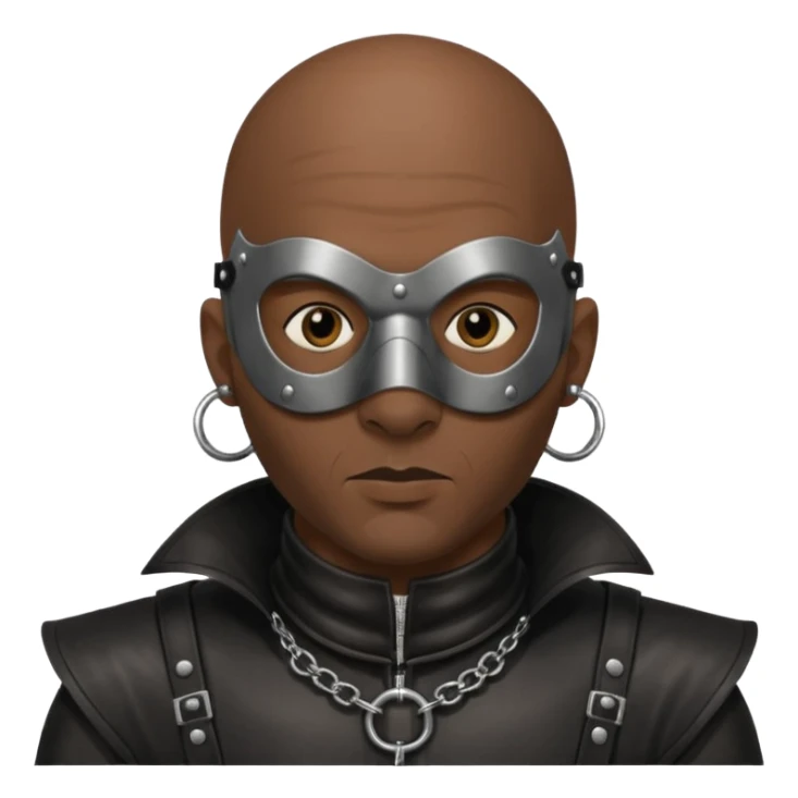 Dark guy wearing leather. Leather mask and heavy steel collar. Also bald wit a little stubble. Nose and ears pierced sticker