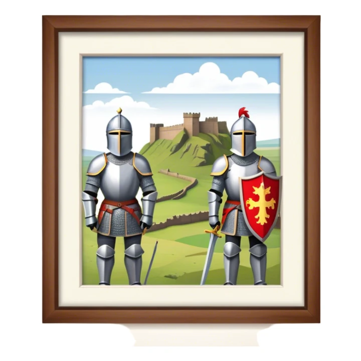  historical reenactment scene with knights in armor standing near Hadrian's Wall, emphasizing the division between Scotland and England. sticker