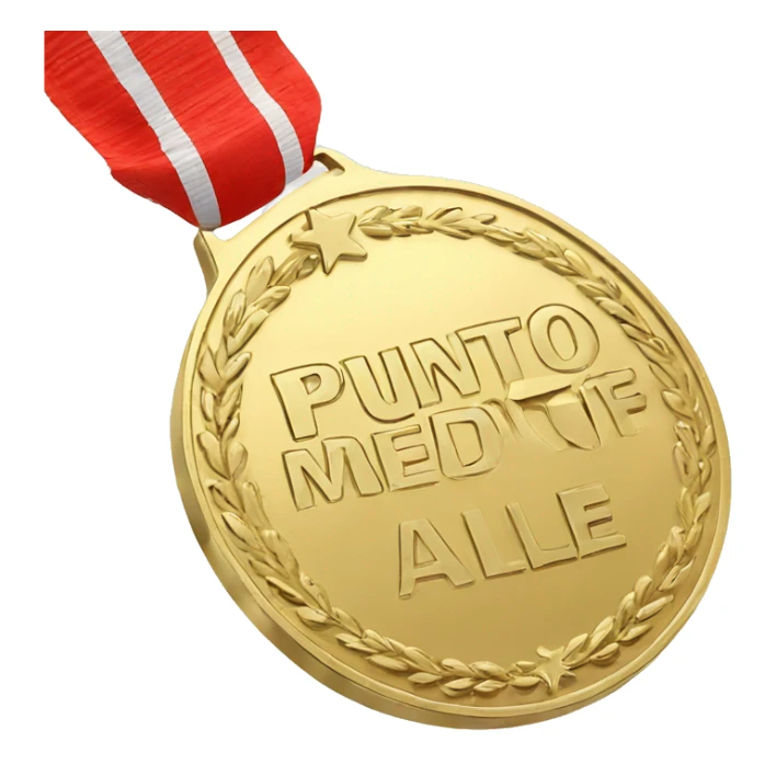 Gold medal with words "Punto Ale" engraved on it sticker