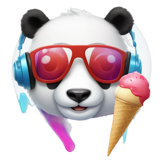 white panda, with red PANDA ears, with red, blue, pink headphones, with one button eye, and an ice cream splater on the headphones. sticker