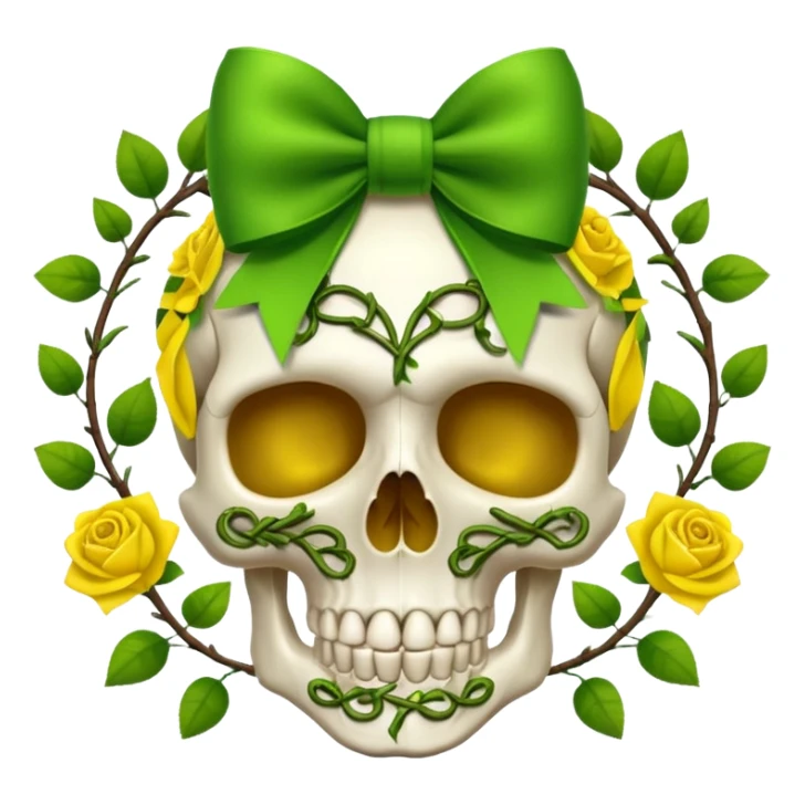 Skull with lime-green bow with vines and yellow roses sticker