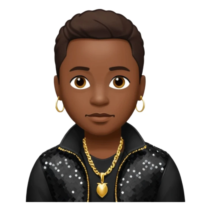 Woody from Dru Hill with dark brown hair, black sequin outfit, dark skin sticker