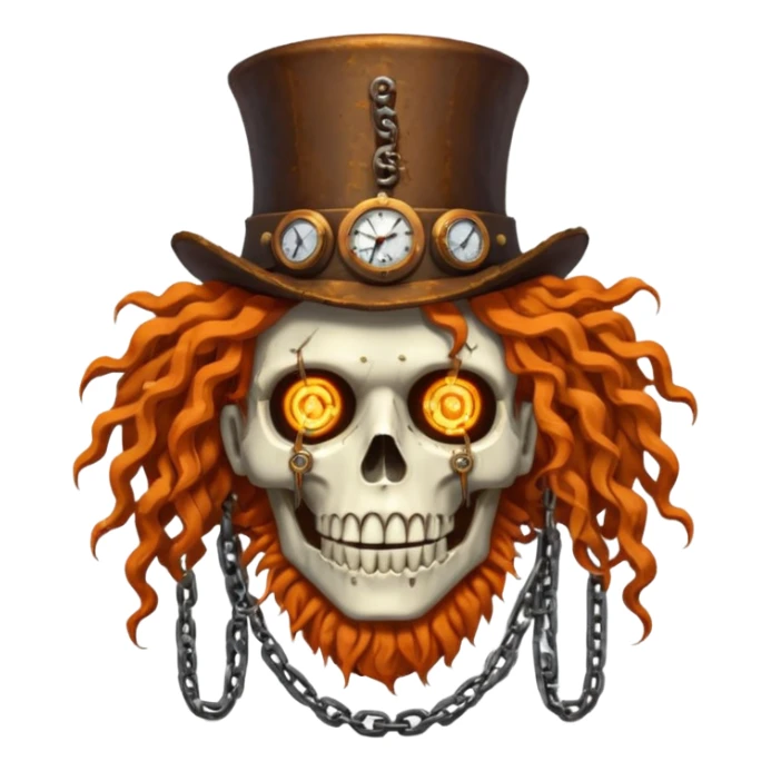 steam punk Megadeth - corpse made of rusty metal with chains on its teeth, huge curly orange hair sticker