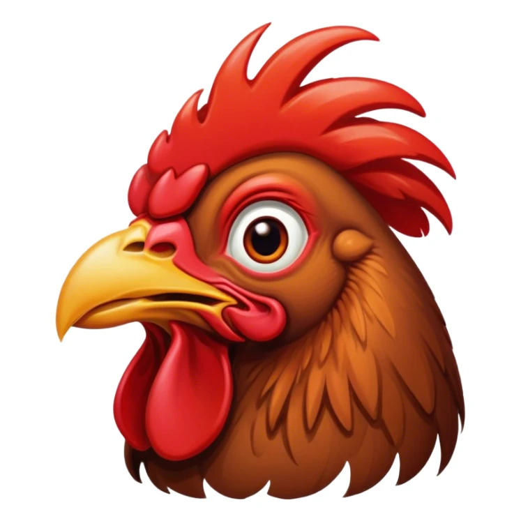 Cinematic Comical Brown Rooster Portrait Emoji, Head tilted dramatically with an exaggeratedly amused expression, featuring a striking, glossy brown plumage with a bold red comb, wide, expressive warm eyes filled with playful disbelief, Simplified yet hilariously expressive features, highly detailed, glowing with a slightly sassy glow, high shine, dramatic yet playful, stylized with an air of cheeky mischief, bright and endearing, soft glowing outline, capturing the essence of a spirited and over-the-top rooster, so meme-worthy it feels like it could crow its way into internet fame instantly! sticker