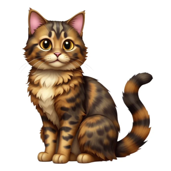 cinematic-[tortoiseshell tabby cat]-realistic-full-body-sitting-emoji,-tail-curled-playfully-around-its-paws,-head-tilted-dramatically,-scruffy-[dark tortoiseshell coloured]-fur,-simplified-yet-realistic-focused-features,-highly-detailed,-glowing-with-an-almost-sarcastic-glow sticker