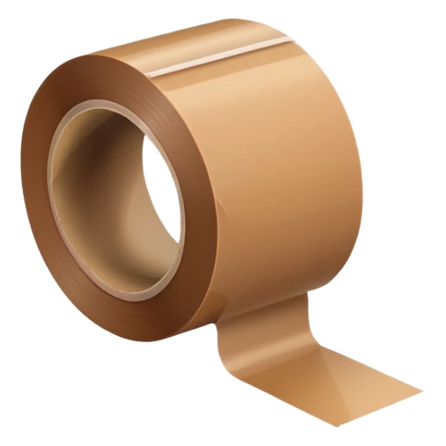 wide roll of brown packing tape with glossy semi-transparent surface and thick cardboard core, one end slightly peeled back, angled for depth, no box or dispenser, apple emoji style, soft lighting, subtle shadows, emoji scale sticker