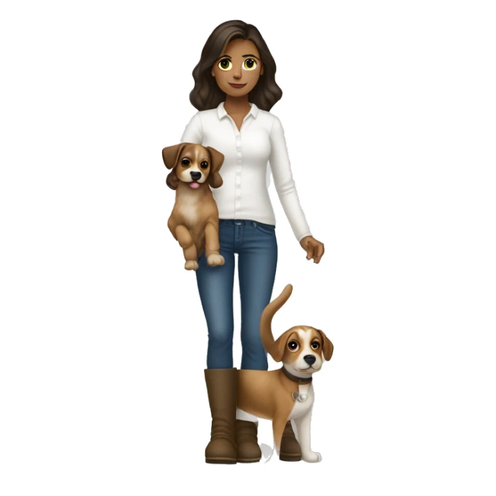 A BRUNNETTE GIRL WITH NO BANGS WEARING UGGS FLARED PANTS AND LONGSLEEVE WHITE SHIRT HOLDING HER DOG sticker