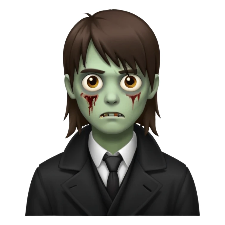 Zombie, emo guy with dark circles under his eyes and long brown hair with straight bangs, in a black long
 sticker