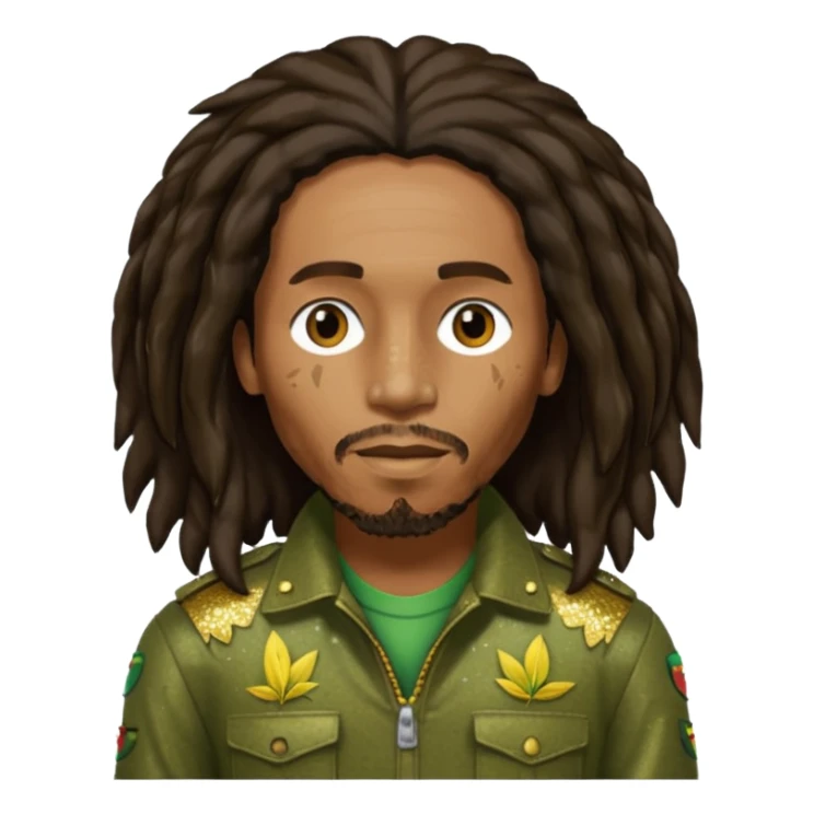 Bob Marley with long dark brown hair, olive sequin outfit sticker