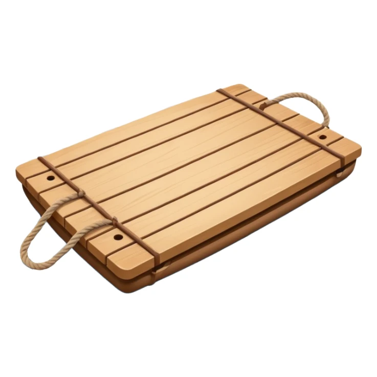 showing a simple wooden raft floating on calm blue water — made of several brown logs tied together with rope — gentle ripples around it — bright, cheerful lighting and soft shadows — minimalist, clean emoji design sticker