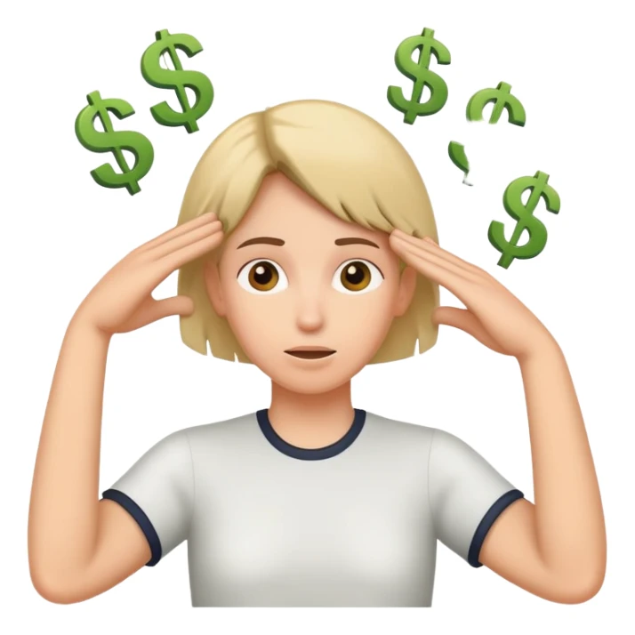 thinking about money, scratching head, with dollar signs around sticker