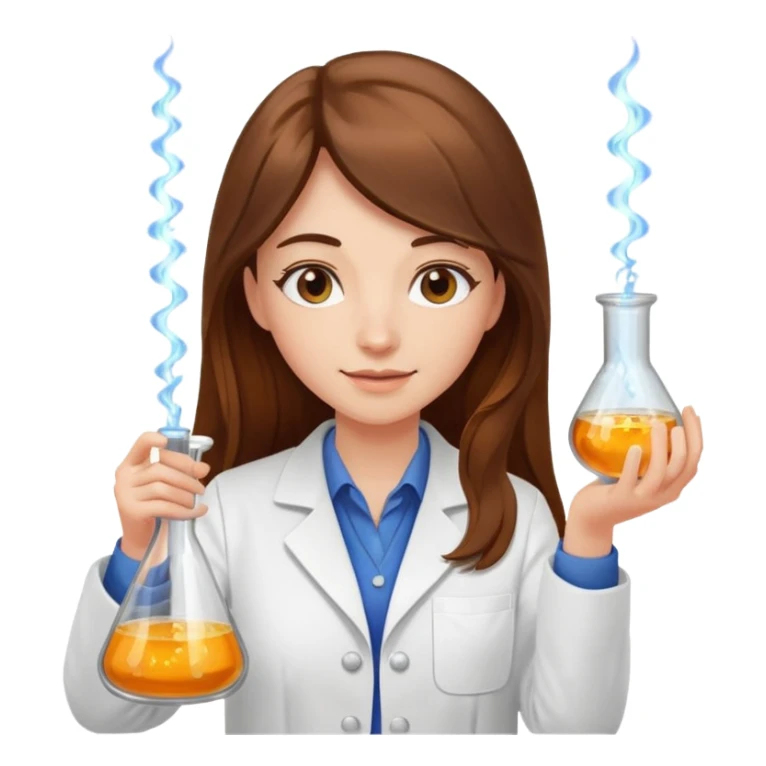 Crie emojis de uma mulher de cabelos longos castanhos farmacêutica mexendo com becker e com faiscas sticker
