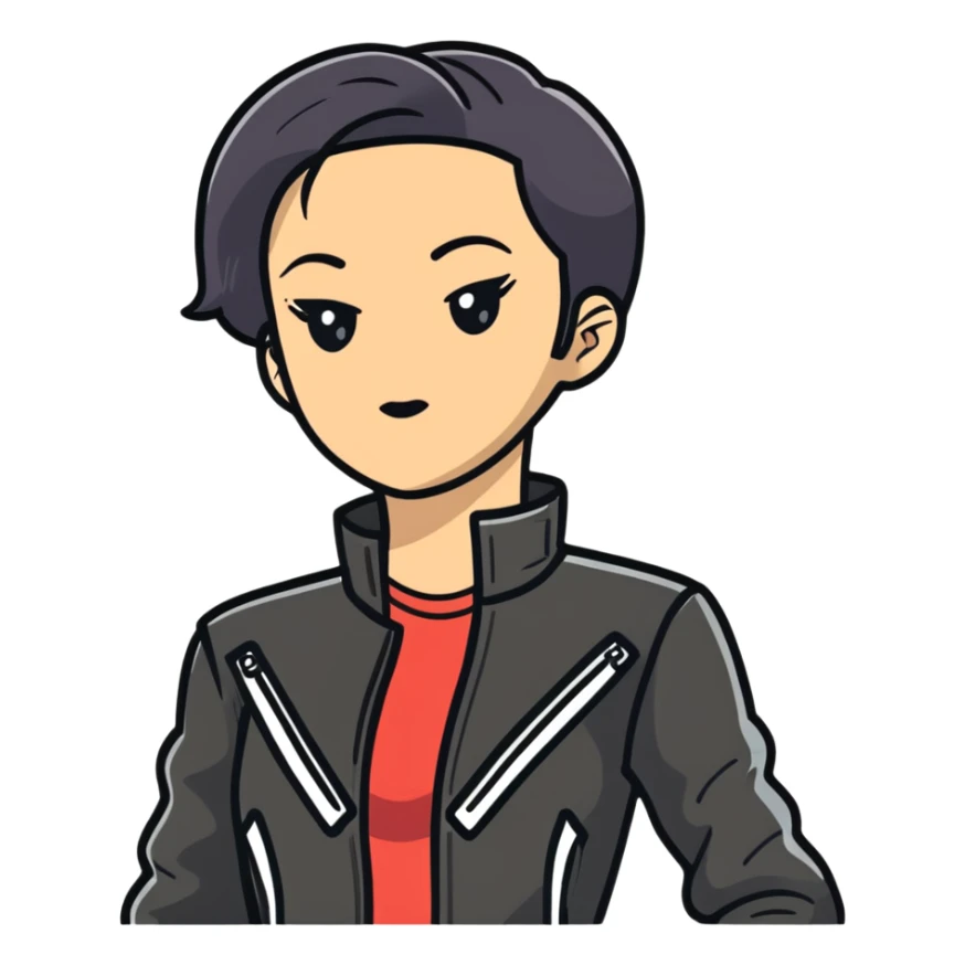 female character with oval-shaped flat-top head wearing a tight-fitting elbow-length black leather jacket sticker