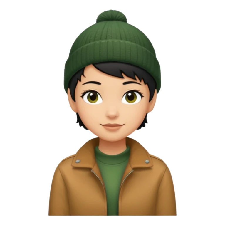 tan skin, non binary person with pixie cut black hair, wearing brown jacket and dark green beanie, shy smile  sticker