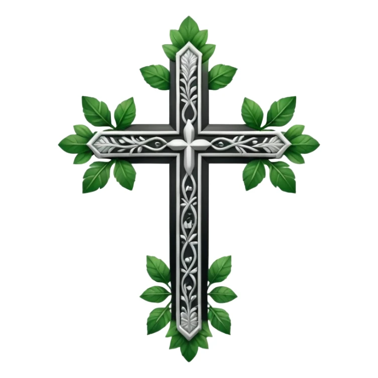 a black and white detailed cross with leaves over the top sticker