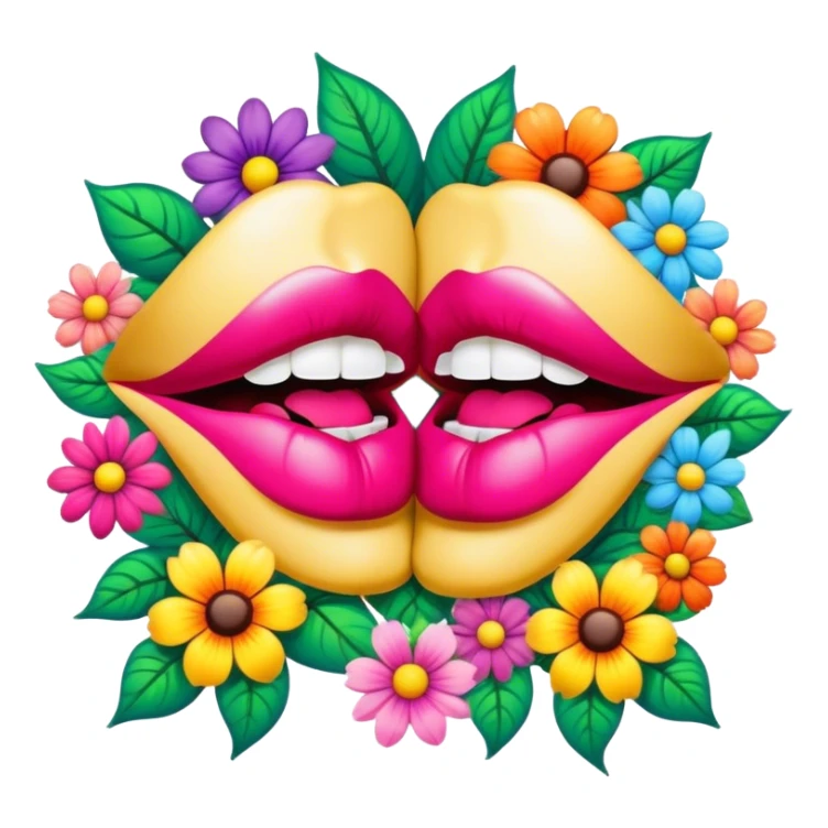 psychedelic colored pair of lips surrounded by hippie style flowers sticker