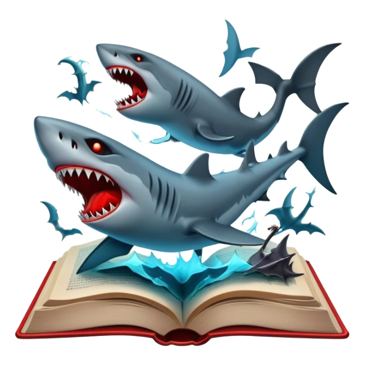Icon for Horror & Mystery Reading: an open book with eerie glowing symbols, from which rise vampire Dracula with fangs, flying bats, a zombie hand, and a lurking shark with sharp teeth. Surrounding elements. Transparent background. sticker