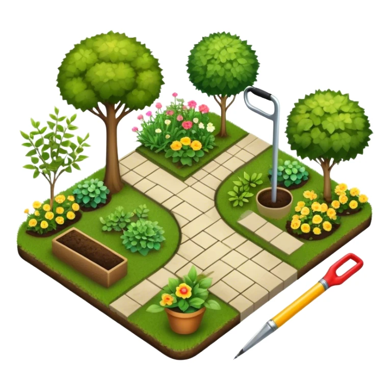 Icon for Landscape Design: a garden layout with plants, trees, paths, and design tools like a spade, pencil and measuring tape. The icon should represent creativity in outdoor space planning and gardening. Transparent background. sticker