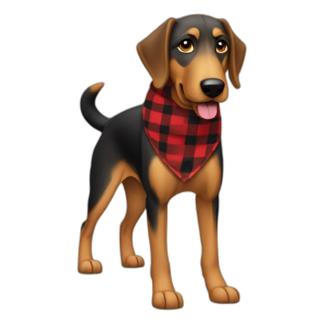 adult 75% Coonhound 25% German Shepherd mix dog with visible tail wearing small pointed red buffalo plaid bandana full body walking left quickly sticker