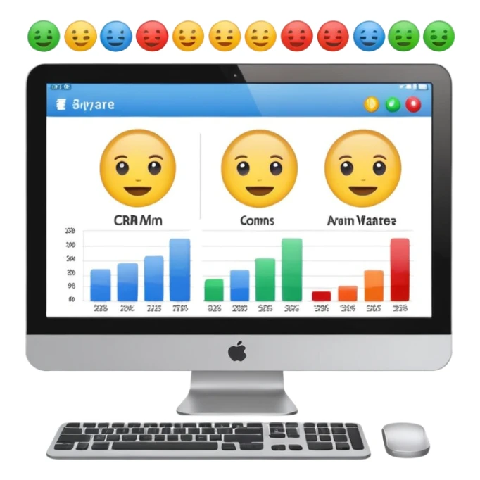 computer monitor displaying user avatars and charts, CRM software theme, emoji style sticker
