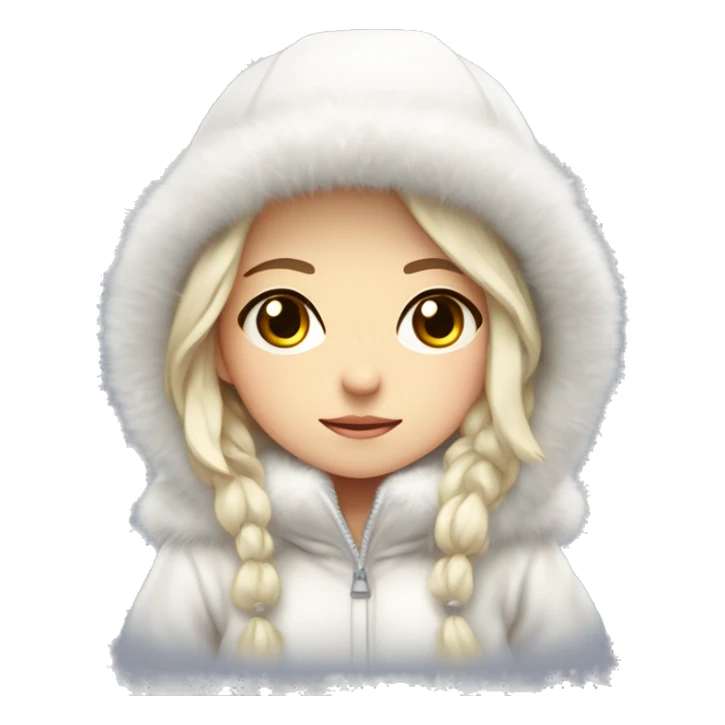 girl with fluffy white coat and white hat on head, bit stressd like droplet in anime, because it's cold sticker