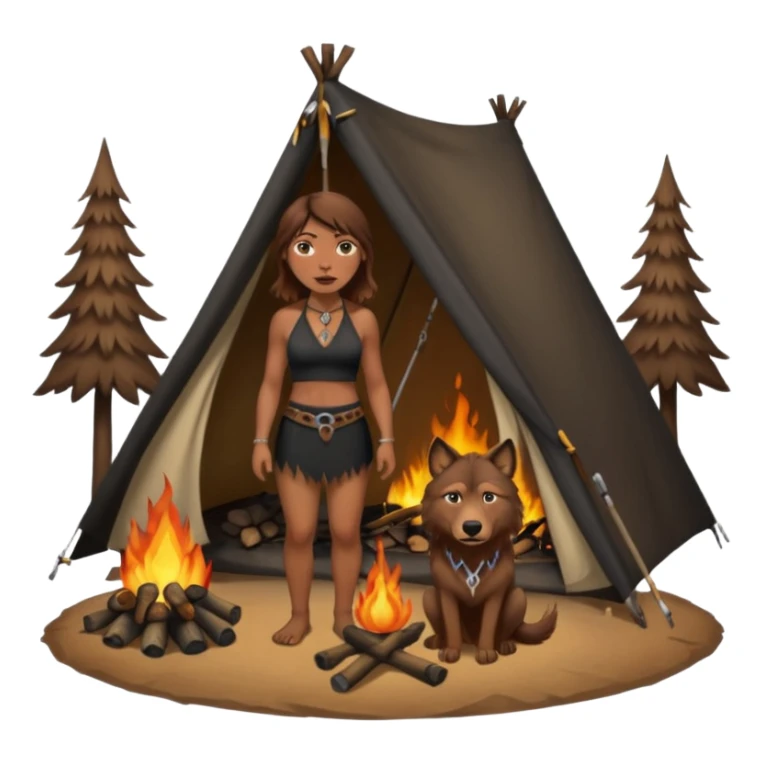 a NEANDERTHAL WOMAN WITH BROWN HAIR STANDING BY A FIRE AND TENT WITH BLACK WOLF HALTER TOP sticker