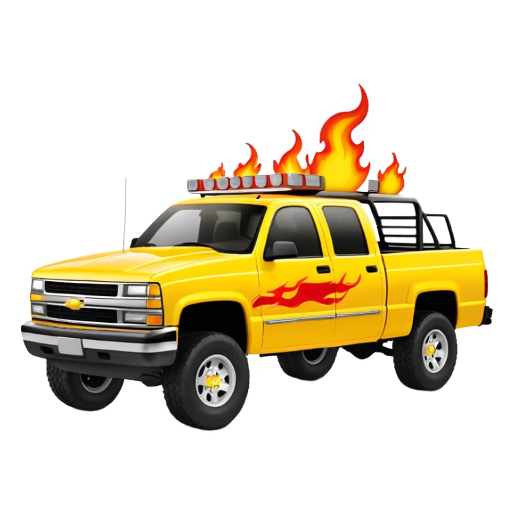 Bright yellow 1997 Chevy Silverado C-2500 Crew Cab with detailed red flame graphics on hood, 30-degree angle showing flames clearly, Kill Bill 'Pussy Wagon' truck, iOS emoji style sticker