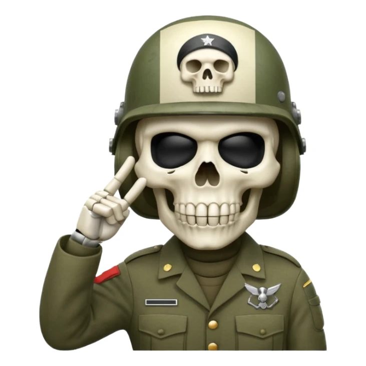 A bold emoji-style bodyless white skull wearing a realistic modern army helmet, making a shushing gesture (index finger bone held up to mouth area). Clean vector style,modern emoji aesthetic.The helmet has detailed realistic texture. sticker