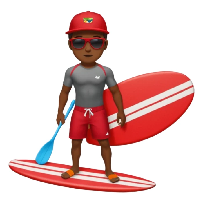 Dark muscular surfer wearing red board shorts Hawaii wearing a baseball cap sticker
