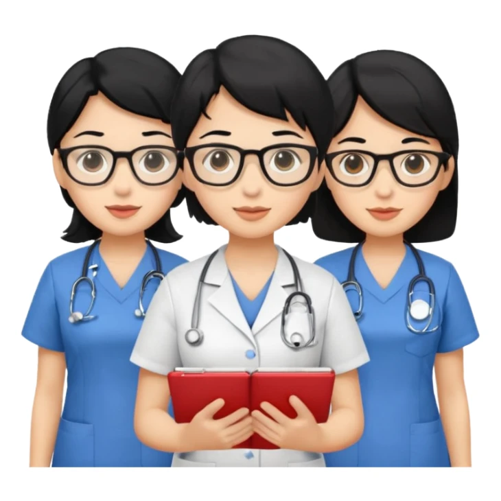 Genera emogis de 4 cuatro enfermeras de cabello negro, una con lentes sticker