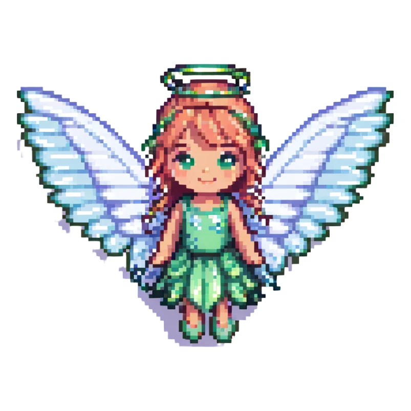 a fairy with sparkling wings, pixel art style sticker