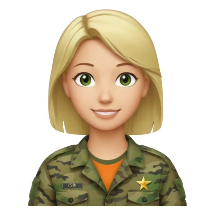 Apple-style emoji: female soldier, bust, no cap/helmet, friendly smile, generic camo top, blonde hair sticker