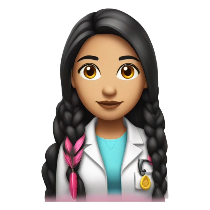  young beautiful Native American female idol scientist with feather earrings & long black hair with pink accents sticker