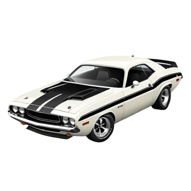 White 1971 Dodge Challenger muscle car with black racing stripes, minimalist style, vintage American muscle car, similar to the one from Death Proof movie sticker