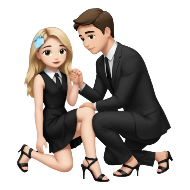  Sabrina carpenter kneeling down wearing a black dress with a tie with black heel sandals, putting her hand on man’s leg  sticker