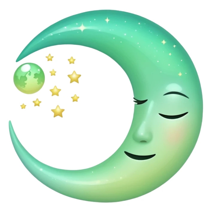 sparkly glossy pastel green-gradient crescent moon, no face sticker