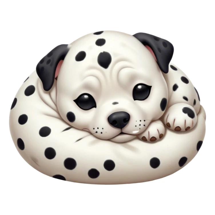 Cinematic Chubby Sleeping Dalmatian Portrait Emoji, Chubby and serene, with a round, plump build and a glossy white coat adorned with distinctive black spots, eyes gently closed in peaceful slumber, Simplified yet irresistibly endearing features, highly detailed, glowing with a gentle, dreamy glow, high shine, relaxed and content, stylized with a touch of whimsy, bright and heartwarming, soft glowing outline, capturing the essence of a blissfully sleepy companion, so comically serene it feels like it could roll out of the screen and snore with adorable charm! sticker