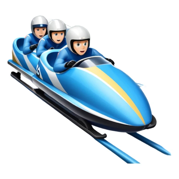 An icon featuring a sleek bobsled with athletes racing down an icy track at high speed, helmets on and bodies aligned for aerodynamics. The scene is set in a stunning snowy mountain valley with pine trees, spectators, and crisp blue sky. Transparent background captures the thrill of bobsleigh. sticker