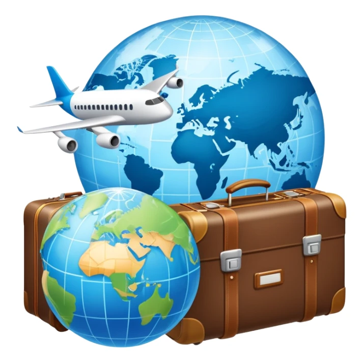 An icon featuring a suitcase, a hotel building, and one globe, symbolizing tourism and hospitality. The design includes a plane and a map, representing travel and accommodation services. Transparent background highlights the global nature of tourism and the hospitality industry. sticker
