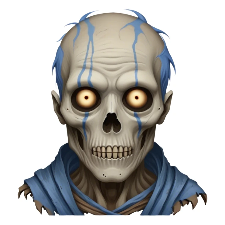 Cinematic Realistic WoW undead civilian Portrait, depicted with decayed yet noble features, his weathered, pallid skin etched with ghostly blue veins and ancient scars. Clad in modest, tattered attire in muted browns and greys that remain consistently rugged, his hollow eyes burn with determined defiance. Rendered with lifelike texture and dramatic natural lighting, high shine, noble and resilient, capturing the stoic spirit of an undead veteran of Azeroth. sticker