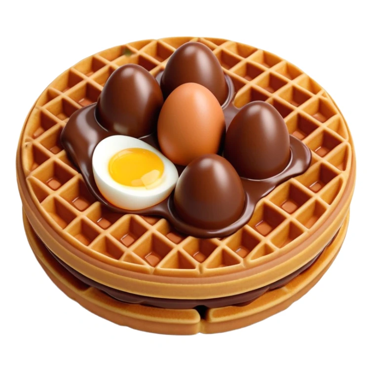 3D rendered hyper-realistic chocolate Hong Kong egg waffle, rich brown color, glossy bubbles with detailed texture, candy-like sheen, playful presentation, soft illumination sticker